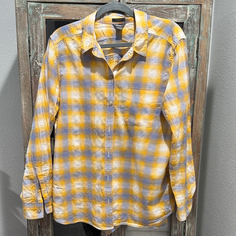 Eddie Bauer Yellow and Gray Plaid Shirt